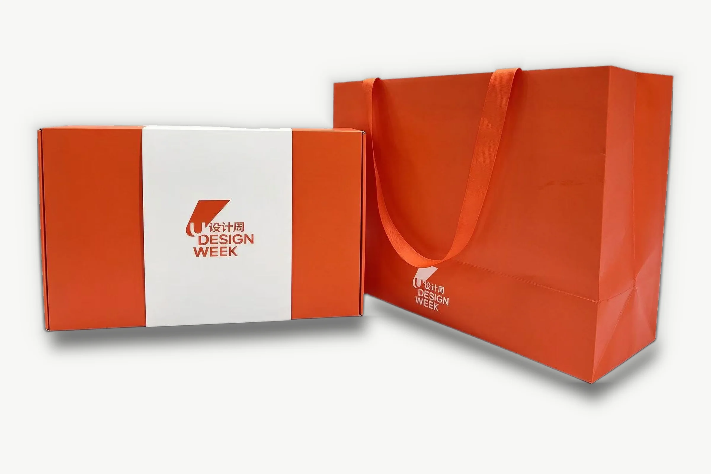 Design Week orange gift box with carrier bag