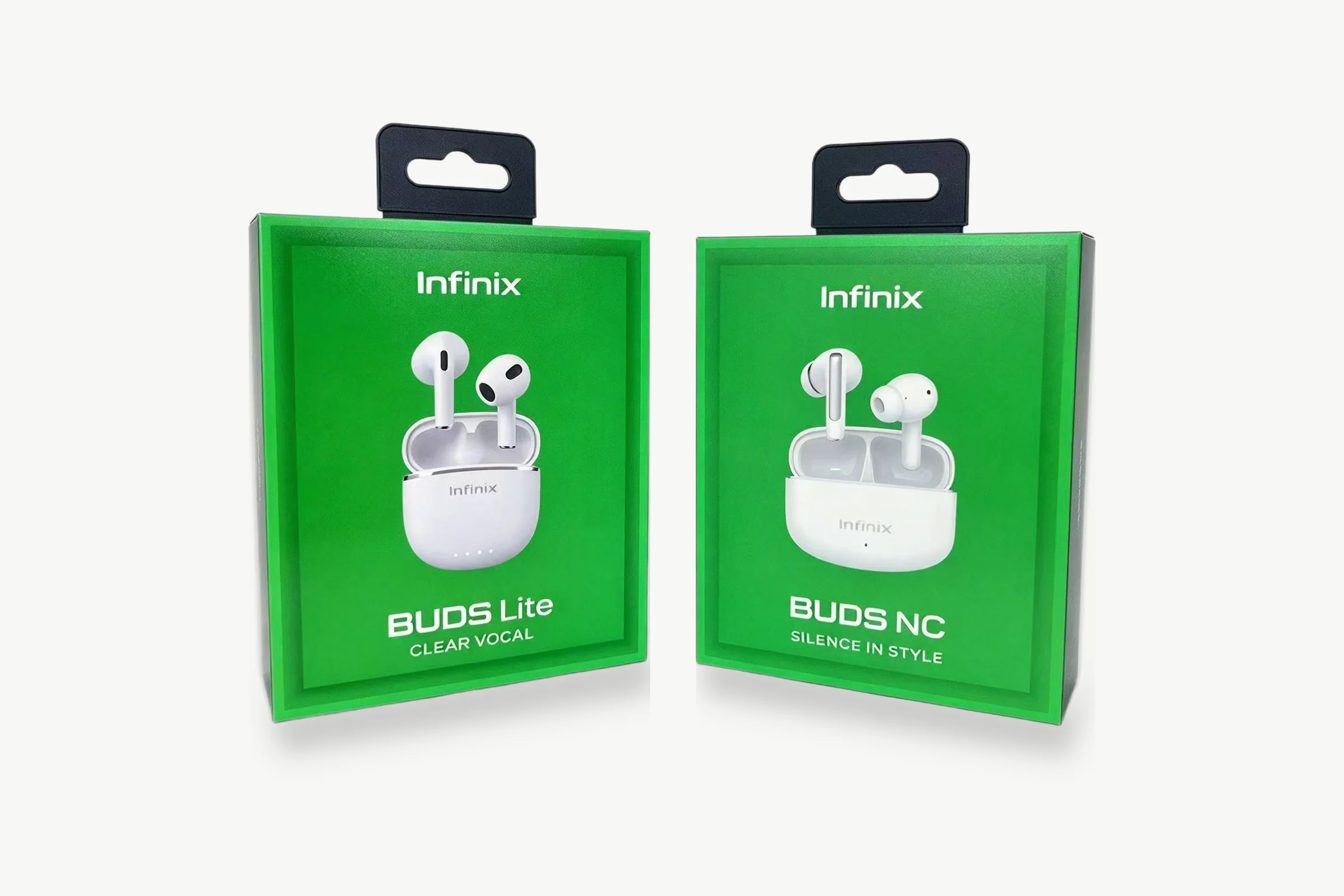 Infinix BUDS earbuds boxes with hanging tabs and bright green border