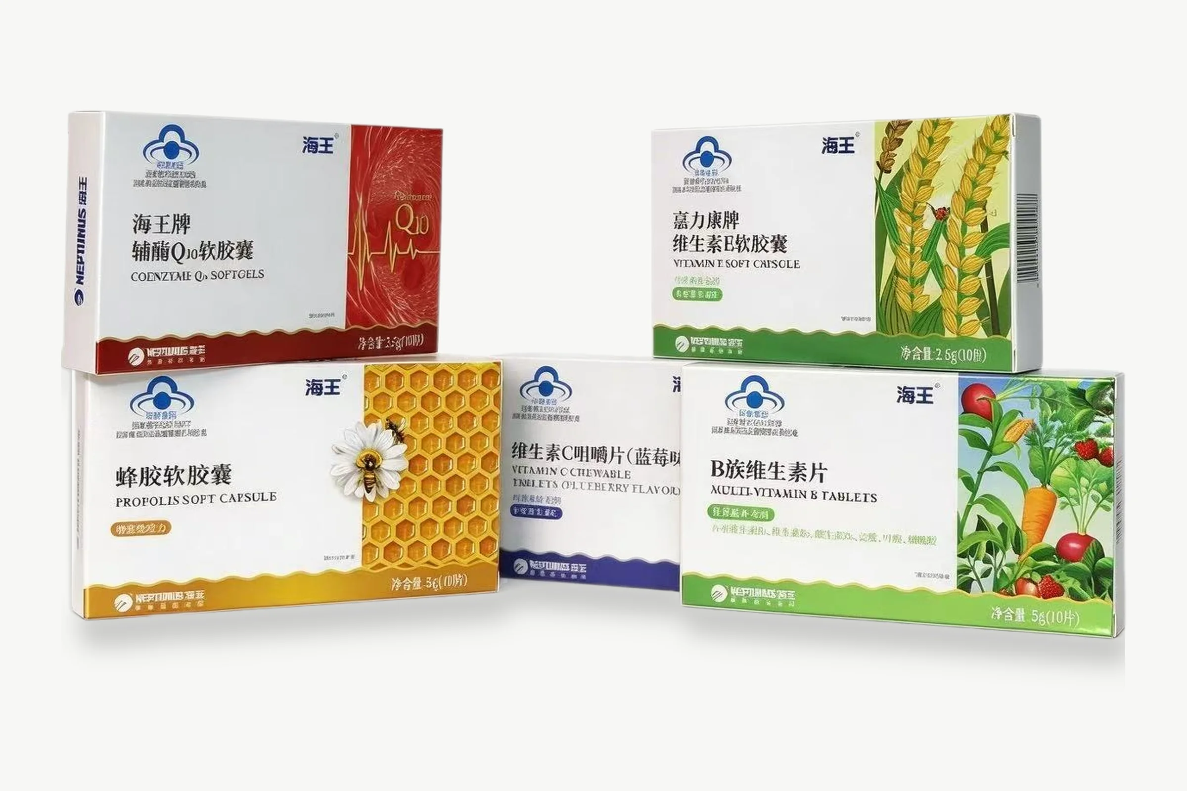 Neptunus supplement cartons for coenzyme Q10, vitamins and propolis with full-colour illustrations