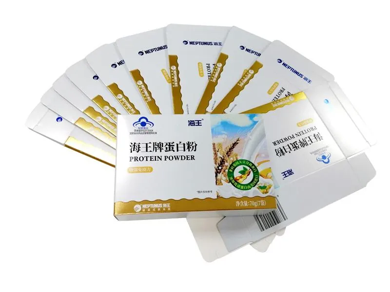 Neptunus protein powder carton with printed die-cut carton blanks fanned out