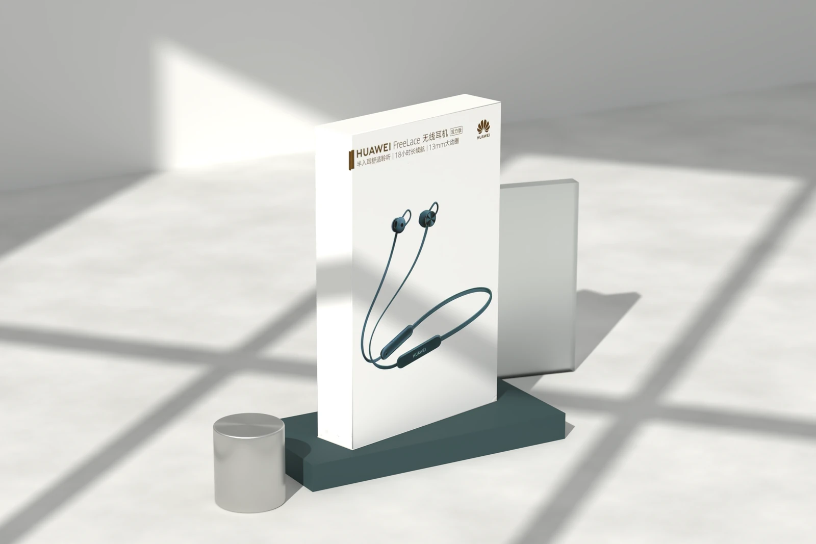 Huawei FreeLace earphone retail box standing upright in a lifestyle scene